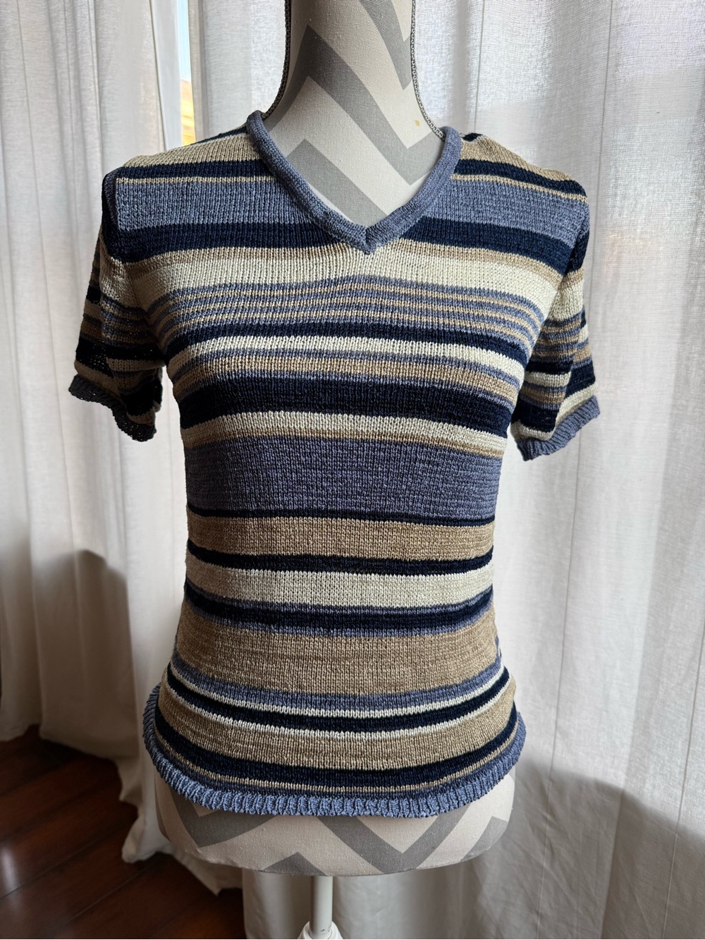 Vintage Directives Women's Multicolor Crochet Blouse Blue/Tan/White Size S